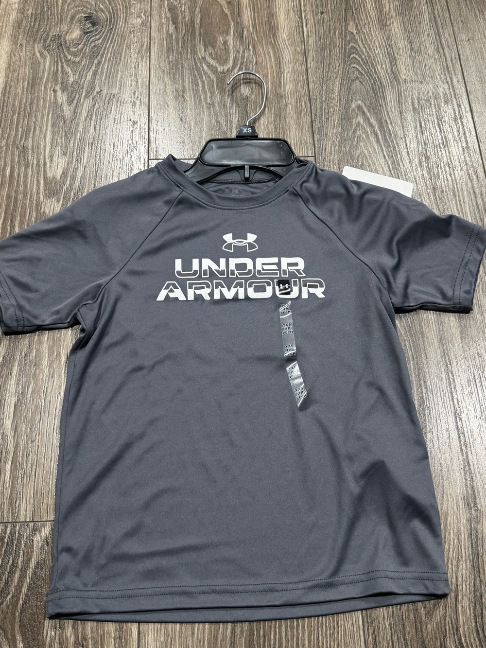 NWT Under Armour Youth Short Sleeve Tee - Charcoal Gray with White Logo